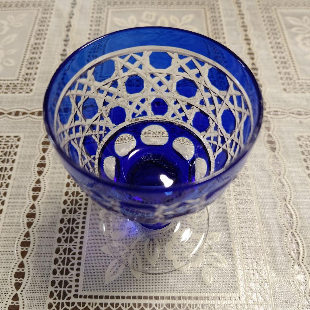 \"未使用\" ヤマザキガラス製　薩摩切子　色彩グラス3個セット(南蛮青、赤、藍)