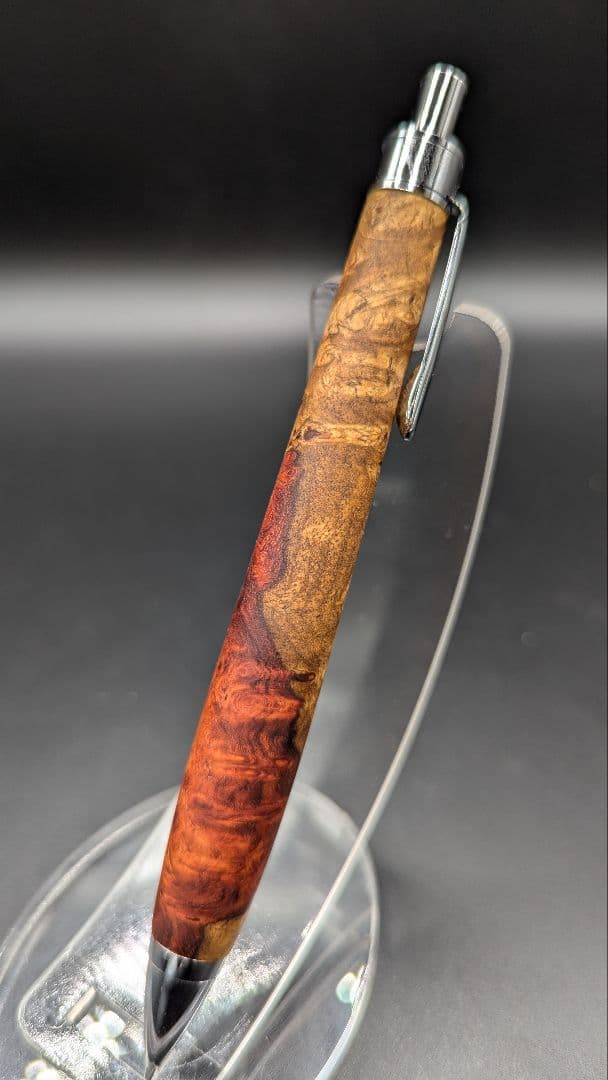 382ペン工房翌檜　本花梨　紅白　瘤杢　木軸シャーペン　ボールペン