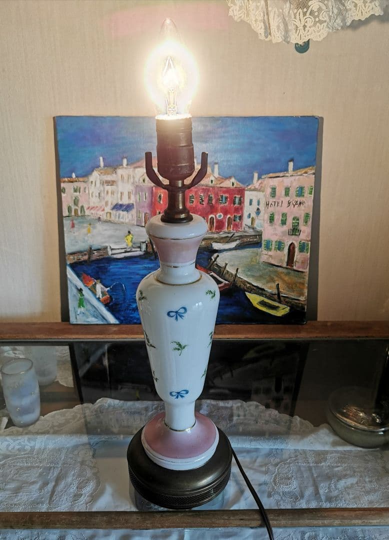 アンティーク ランプスタンド&電球 ハンドペイント 小花リボン手描きポーセリン