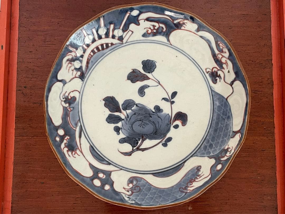骨董　アンティーク　藍九谷　古九谷金銀彩　輪花　七寸皿　牡丹　蛇籠　水車
