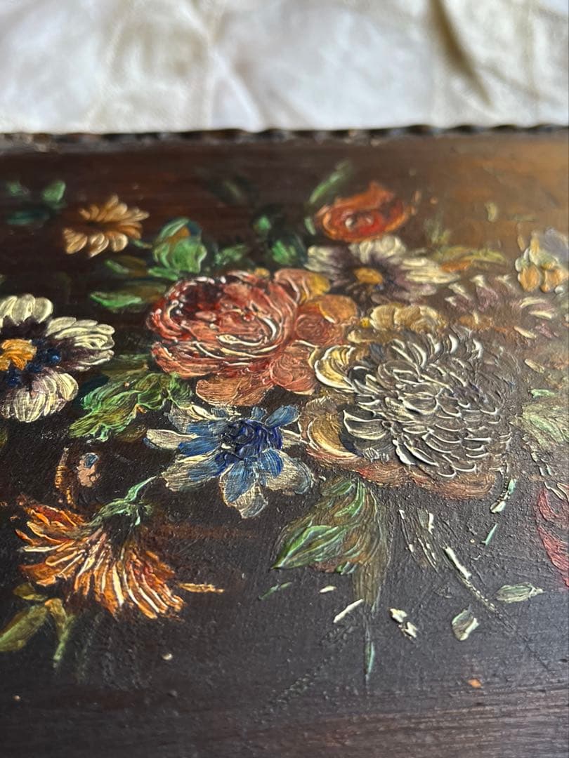 ◆フランスアンティーク｜手作り古い木箱、手書き油絵花小物入れアールヌーボー絵画