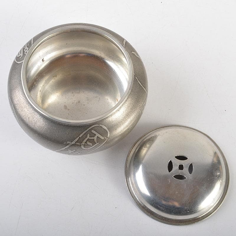 煎茶道具　 間村自造　錫製　文字文　茶こぼし　約269g　V　R7017