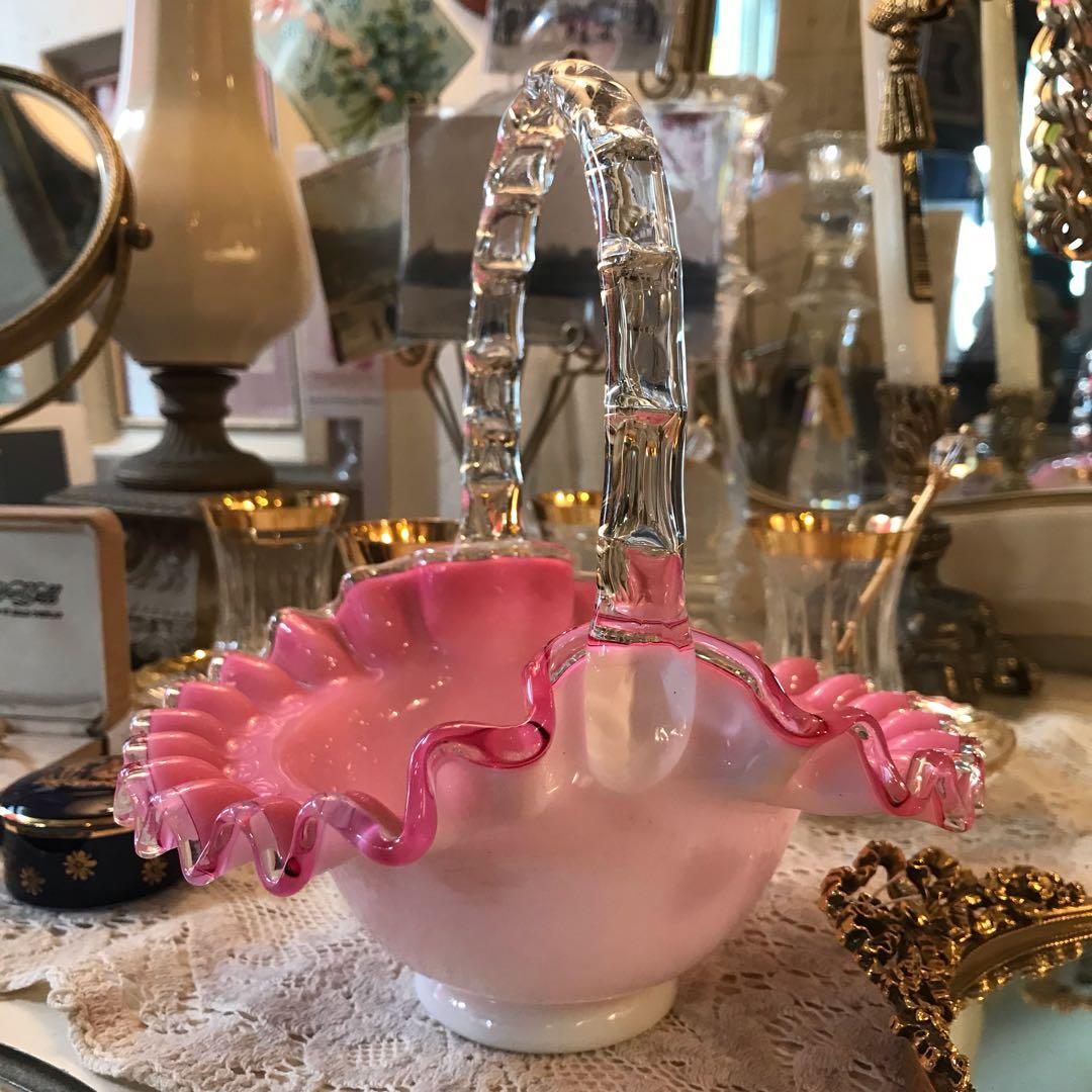 希少！フェントン ピンク色クレストバスケット アンティークfenton アメリカ