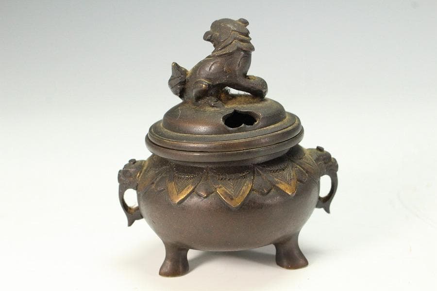 古銅 獅子蓋 小さな香炉 骨董品(K-YC474)