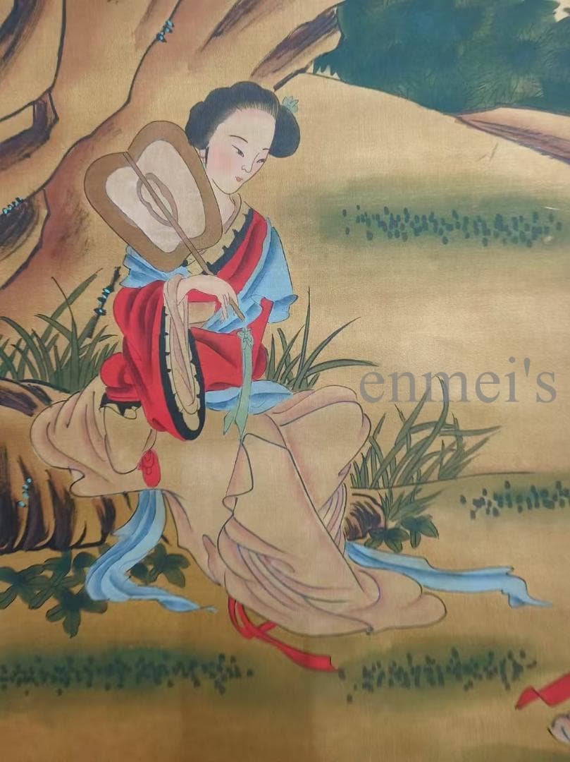 中国古美術 明代 仇英作款 仕女図 水墨画 絹本 肉筆 四尺 中堂画 掛け軸