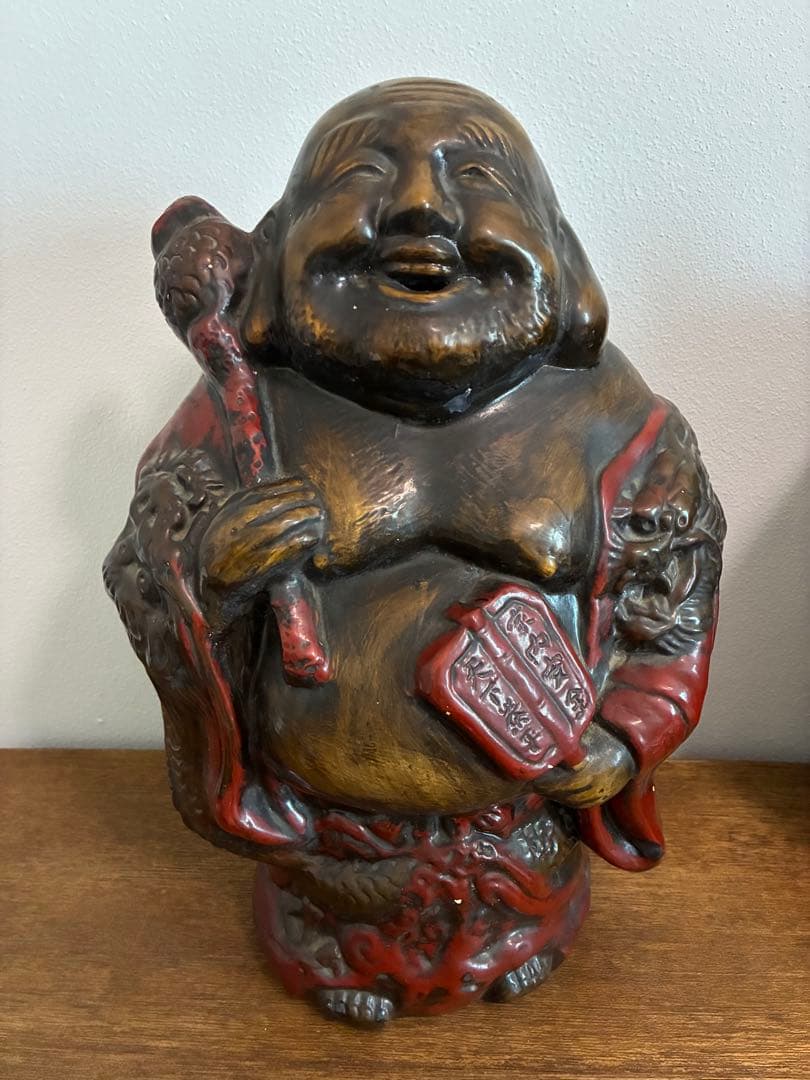 骨董 時代 布袋様 40㎝ 在銘 陶器 色彩 龍 置物 縁起物 招福 昭和