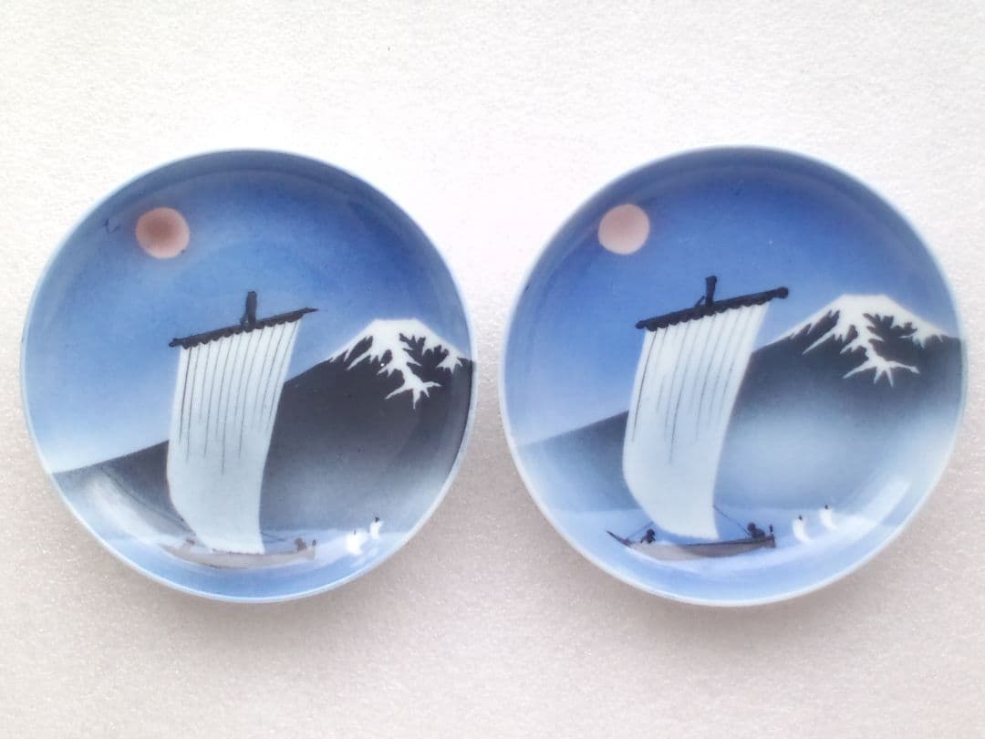 図変わり時代皿●瀬戸焼吹墨印判富士帆船絵図小皿:径約16cm５枚組●保管品未使用