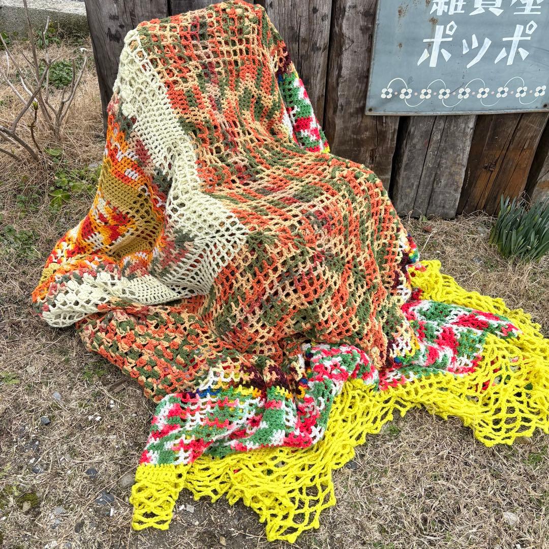 【USA vintage】グラニーブランケット　特大 透かし編み ベッドカバー