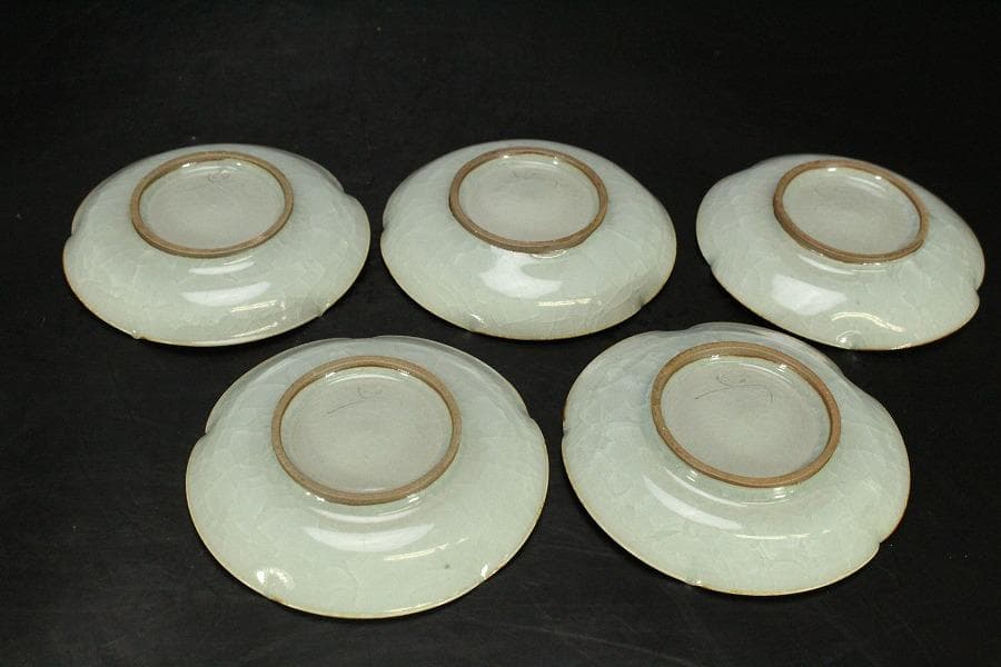 青磁 銘々皿 5枚セット 亀甲貫 在銘 作家物 共箱 未使用 742