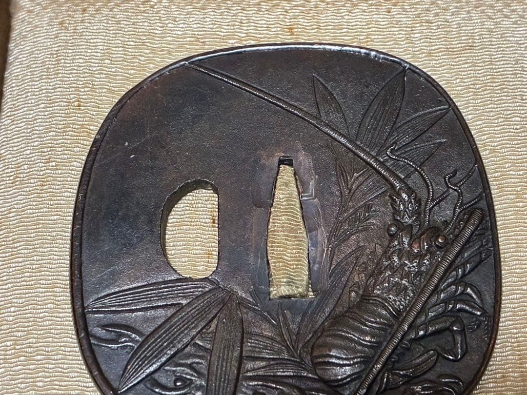 銅製 海老 笹 象嵌 鍔(つば) 刀 時代物 箱入