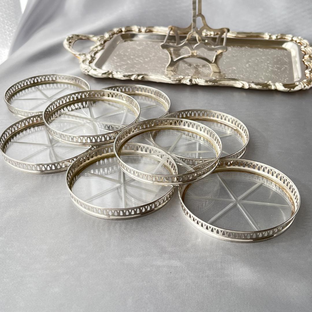 【純銀/ガラス】ワイングラスコースター 8枚 / ホルダー スターリング