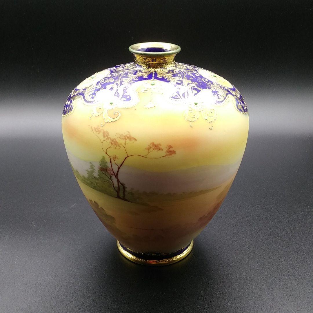 オールドノリタケ カントリーロード コバルト 金盛りジュール花瓶 メイプルリーフ