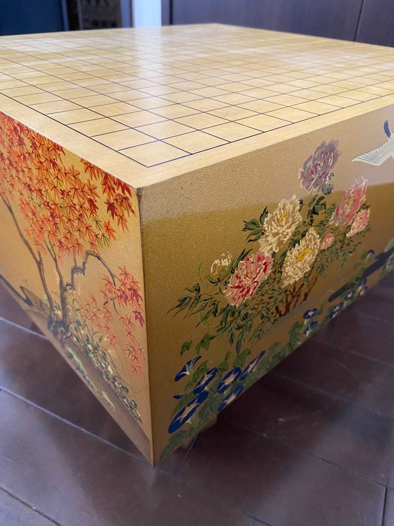 極上品 日本画家 野畑直子作 金地漆絵四季花鳥図碁盤 （囲碁）