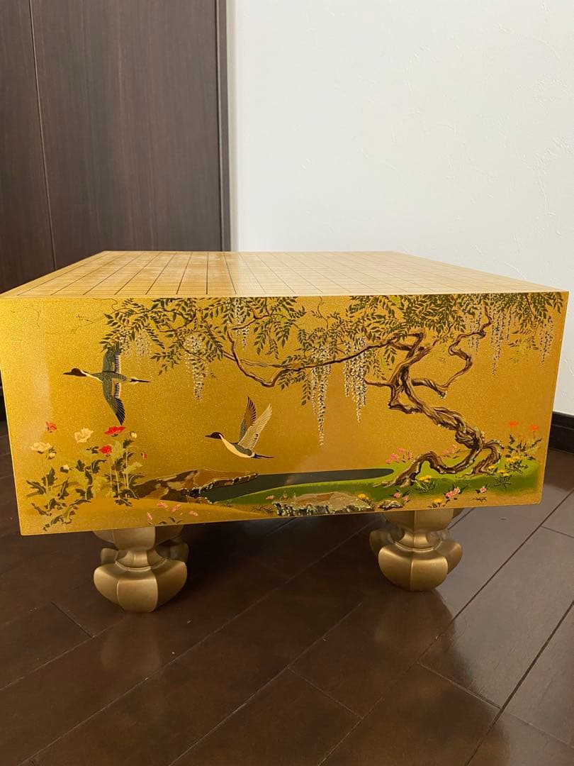 極上品 日本画家 野畑直子作 金地漆絵四季花鳥図碁盤 （囲碁）