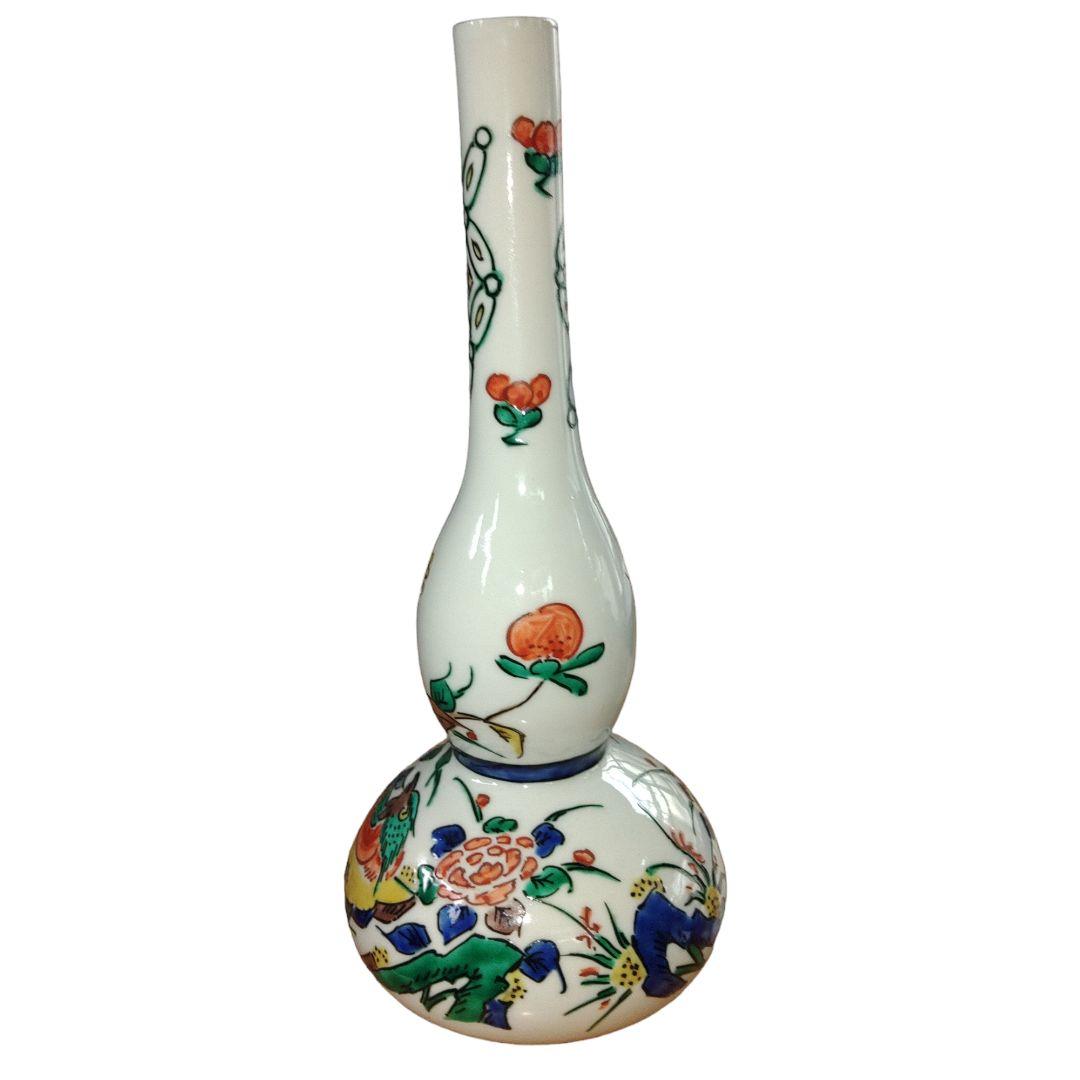 九谷焼　角福　鳥草花文瓢箪形花瓶