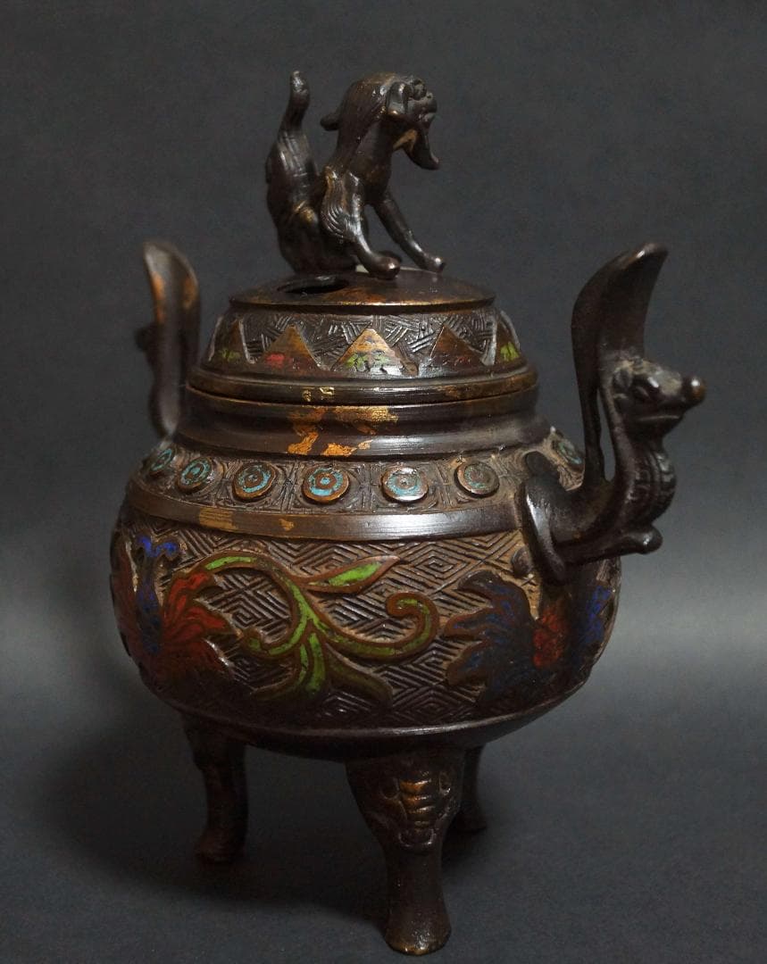 明治期 銅製 七宝焼金工細工『花唐草文』香炉 塗金 双耳透かし蓋 獅子摘 茶道具