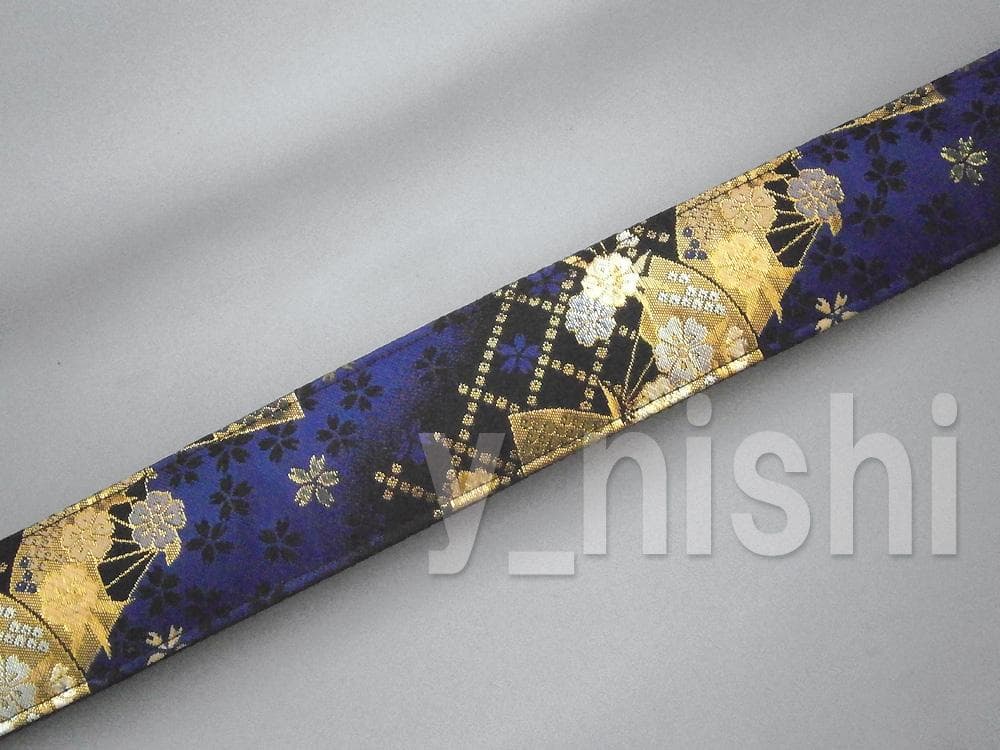 和柄ギターストラップ 扇柄 / 青-黒 京都 西陣織 金襴生地使用 新品