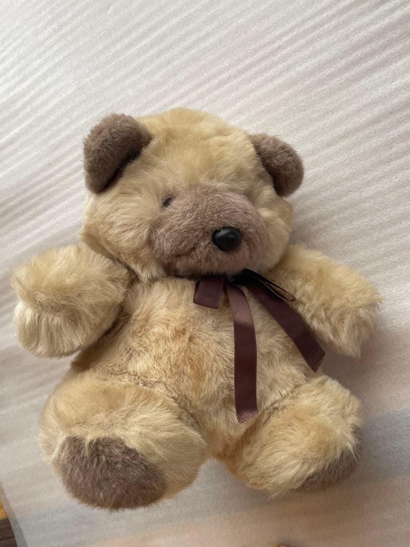 希少★昭和ベージュのリボン付きクマのぬいぐるみ