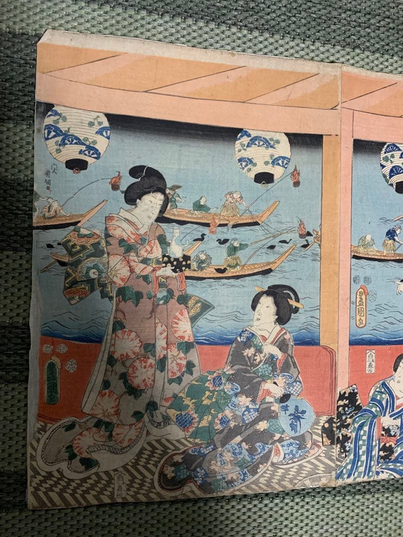 「真作」 豊国 木版画 浮世絵 真作 三枚続 美人画 役者絵 大判 江户