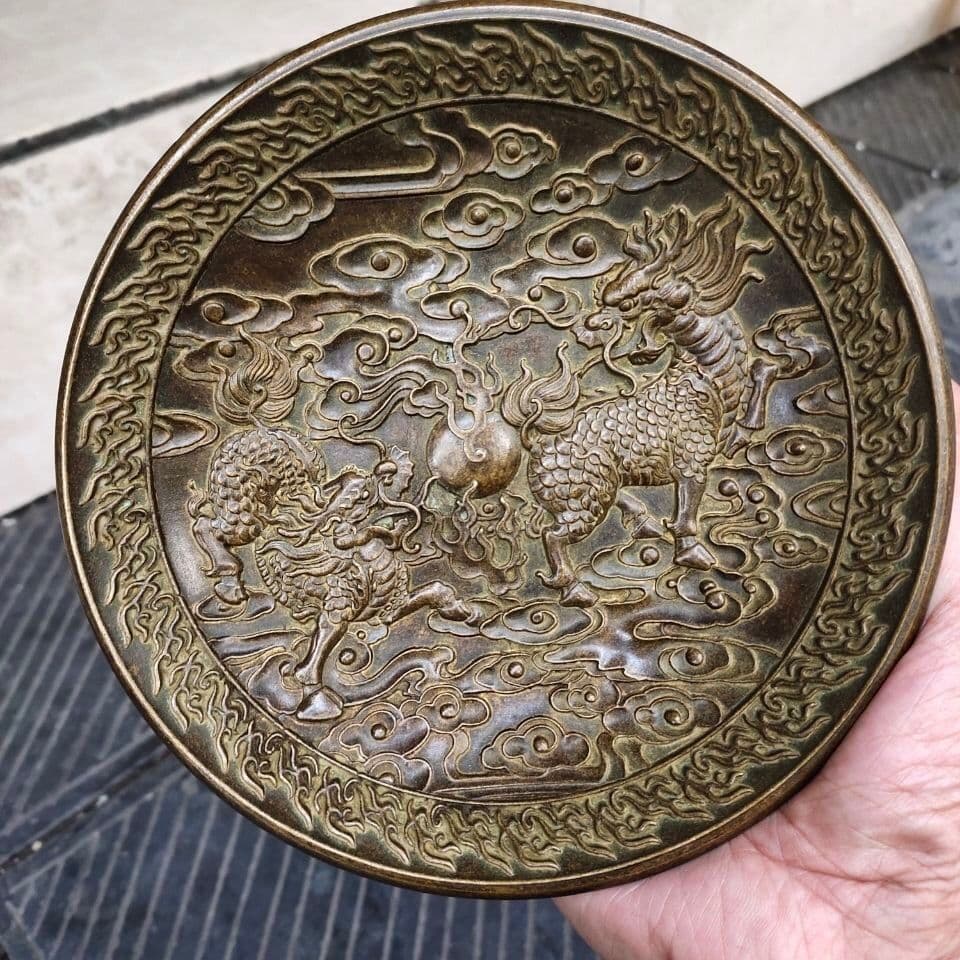 重工 彫刻 祥雲瑞獣 麒麟 大銅盤 銅製品 鎮宅辟邪 開運風水 招財 置物
