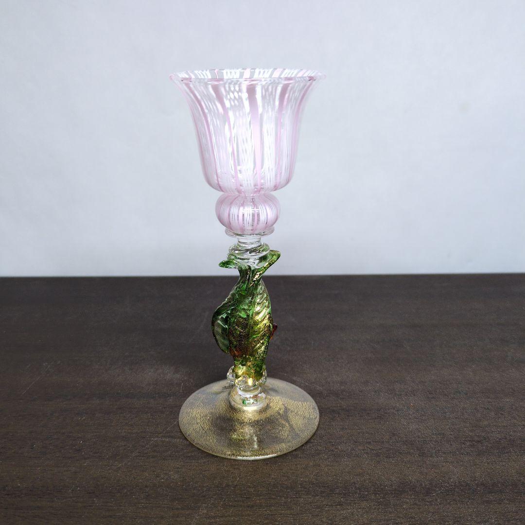 ムラーノガラス 金彩 レースガラス 花形ステム ミニグラス 酒器