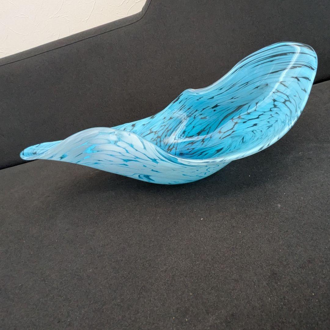 青色ガラス 水盤 花器 大型 48cm モダンアート ガラス工芸 一点物風