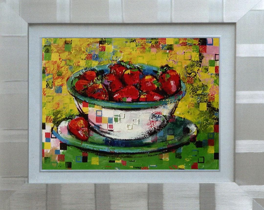 油絵 菅家令 絵 絵画インテリア額付(青緑＋金色の枠) uF6-061003果物
