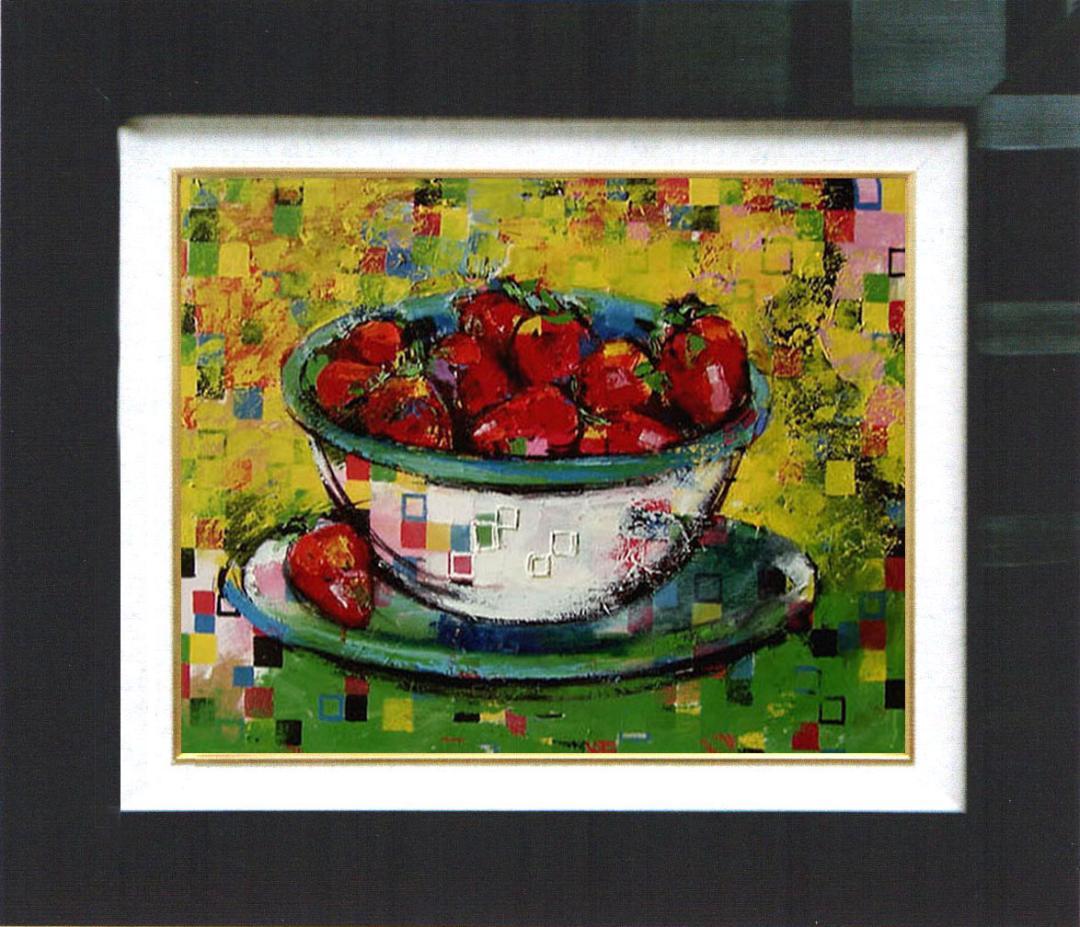 油絵 菅家令 絵 絵画インテリア額付(青緑＋金色の枠) uF6-061003果物