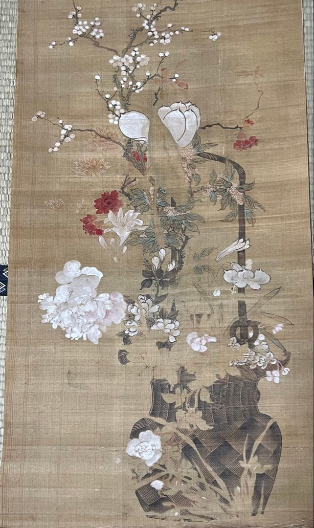 まくり 絹本■椿椿山■ ［花之図］肉筆 送料込み！