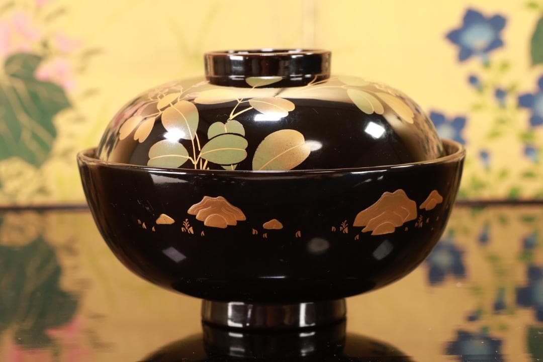 BJ119　時代輪島塗　図替わり　草花蒔絵　吸物椀　五客　木製 懐石 菓子