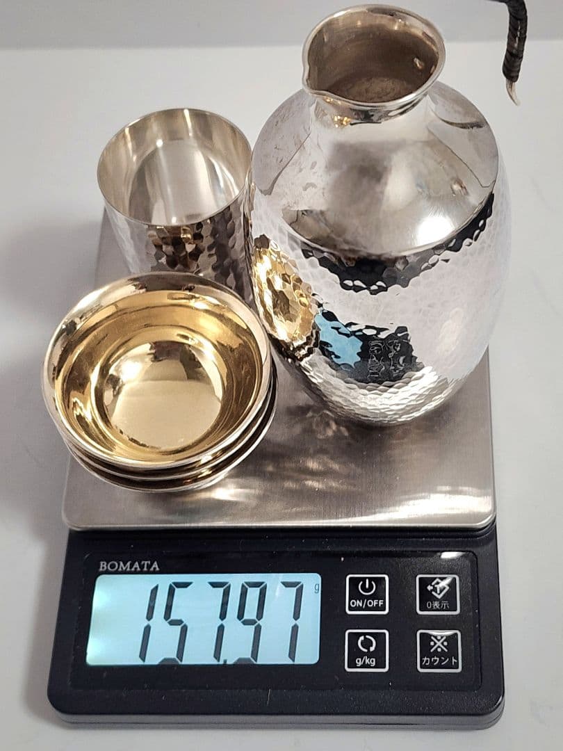 純銀 和光 酒器 セット　徳利（1）盃（3）コップ（１）総重量：約157.97ｇ