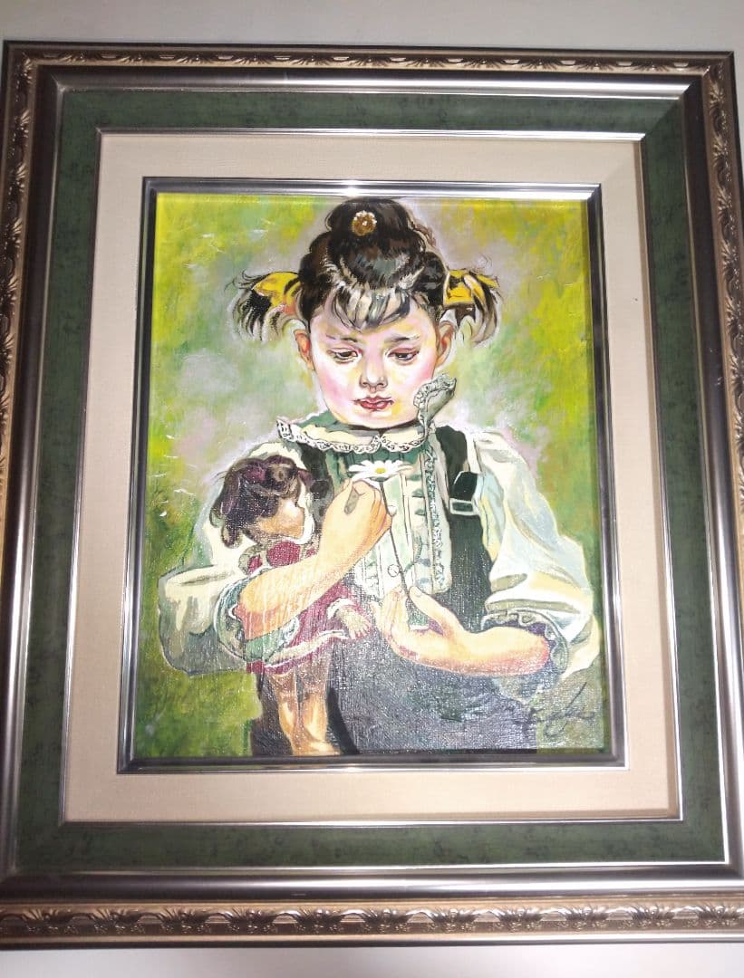 奥龍之介、絵画、油彩３号、少女と人形、肉筆、額縁、藤岡心象。
