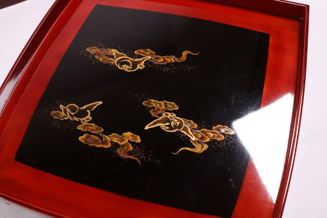 【MA700】時代木製漆器 雲雀蒔絵 吸物盆 十客 金蒔絵 黒塗溜塗 足付四方膳