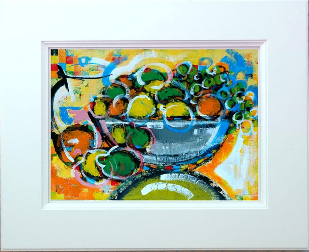 油絵菅家令子絵 絵画インテリア額付(青緑＋金色の枠)uF6-061604果物花瓶