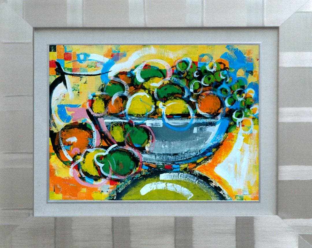 油絵菅家令子絵 絵画インテリア額付(青緑＋金色の枠)uF6-061604果物花瓶