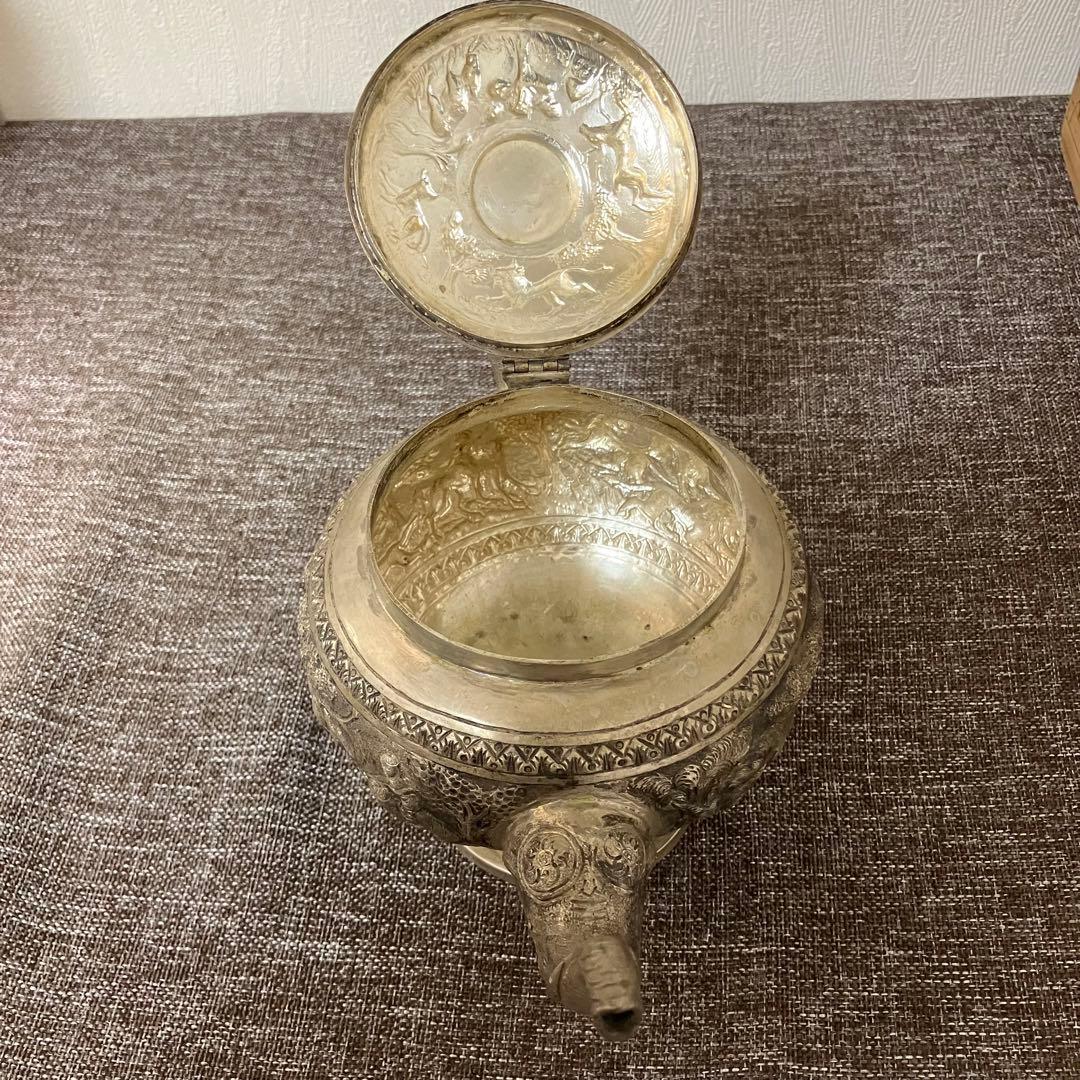 銀打出彫刻茶器　巌月庵所蔵　銀細工　骨董　奈良蔵出し　古玩　アンティーク　銀瓶