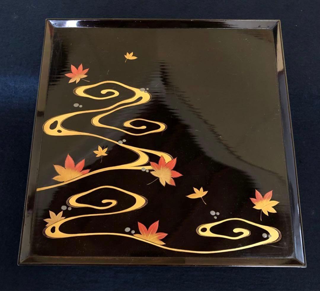 《レ》黒塗 流水紅葉蒔絵 脚付膳 四方膳10客 木製漆器 木箱260116き4