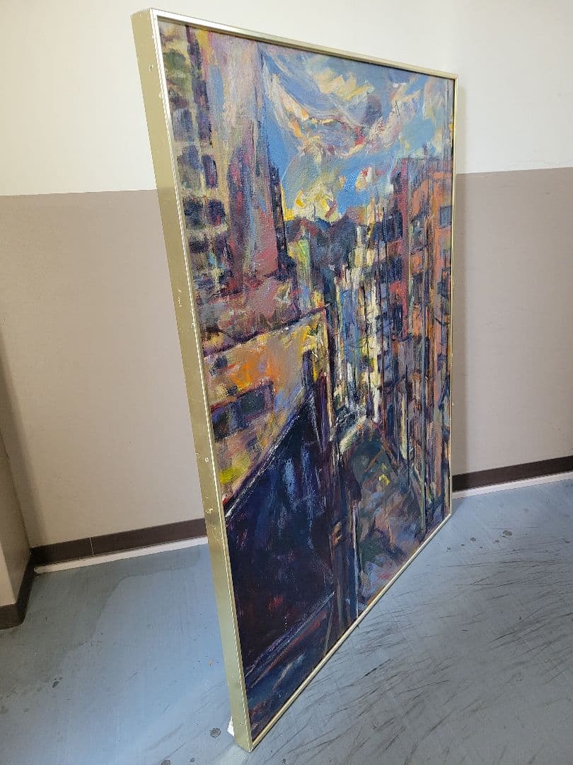 No.9 都市風景 油彩画 大きめ 金色フレーム付き