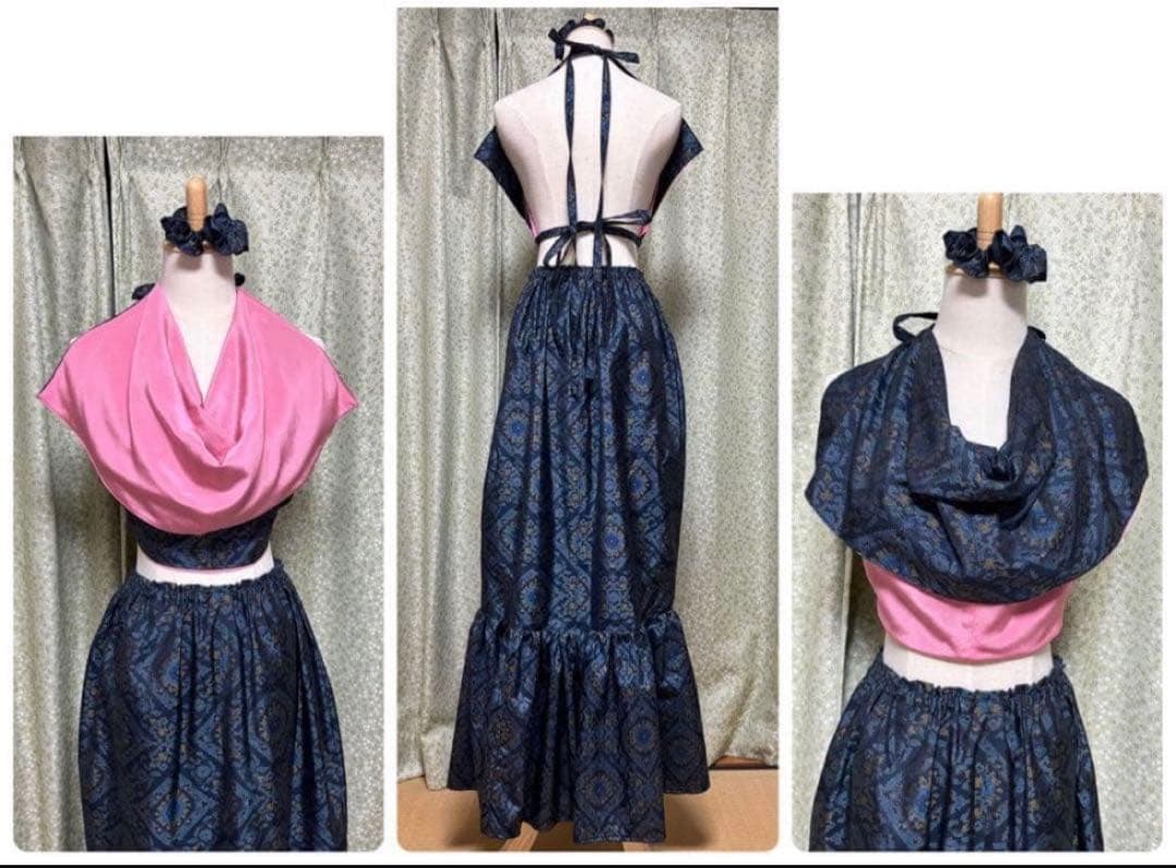 美　大島紬　着物リメイクドレス　マキシ丈　ドレープマーメイド　ダンス衣装　４点