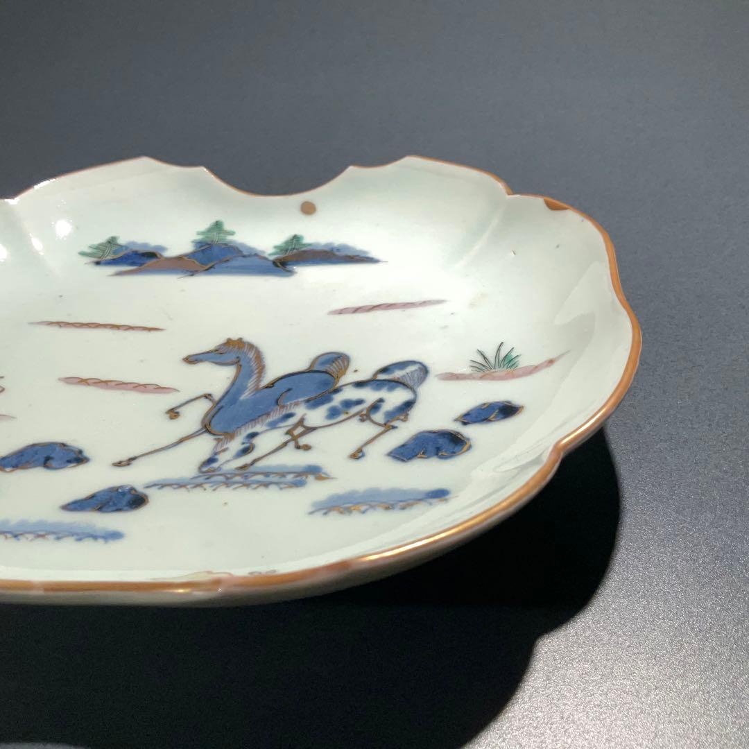伊万里金襴手馬図変形皿　江戸　古伊万里　金直し　R0917w1ダH