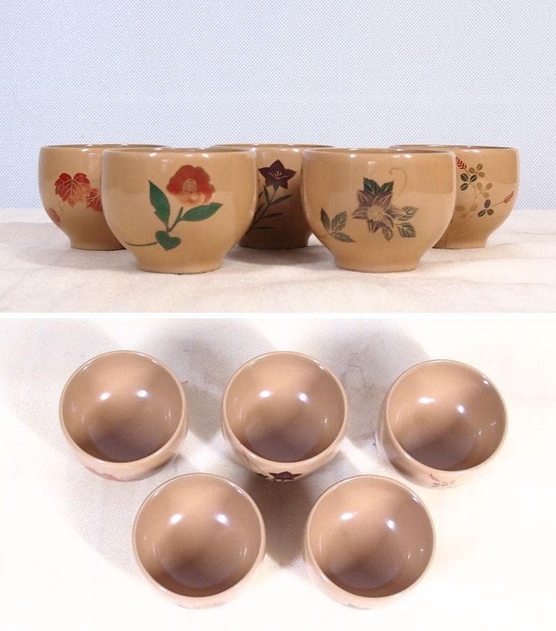 【未使用】輪島塗 塩安製 白漆 絵変わり蒔絵 湯吞 5客 湯吞茶碗 茶器/漆器