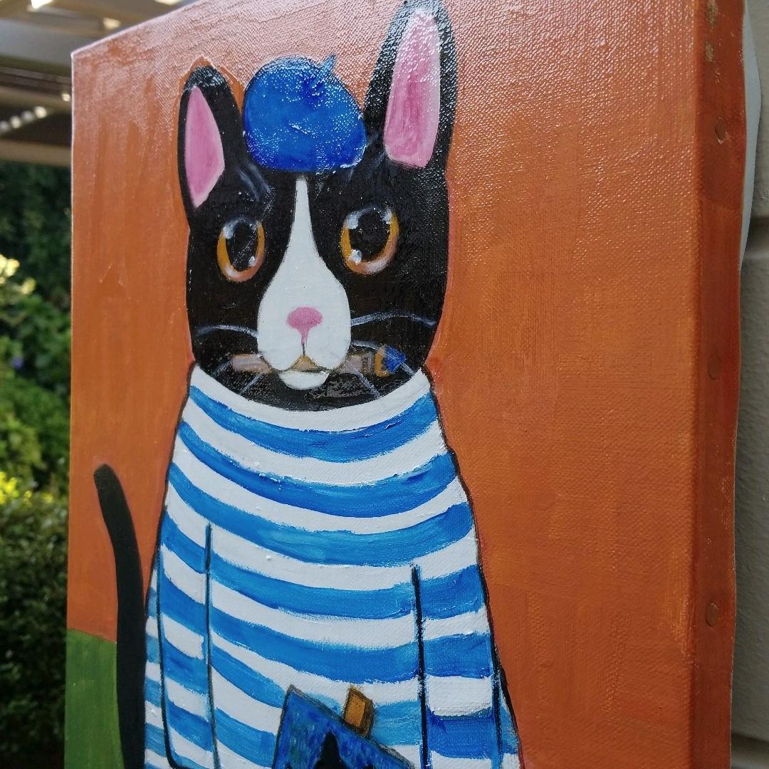 油絵 　専用　バスクシャツを着て自画像を描く猫