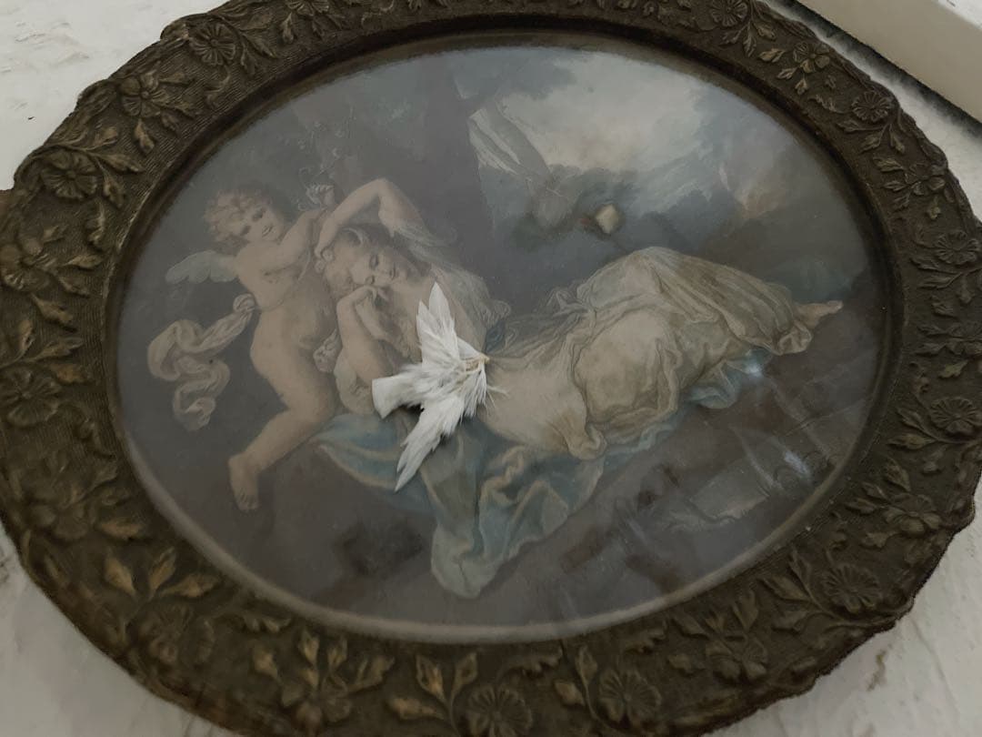 フランスアンティーク　オーバル　絵画　フレーム　額装　天使　エンジェル　森