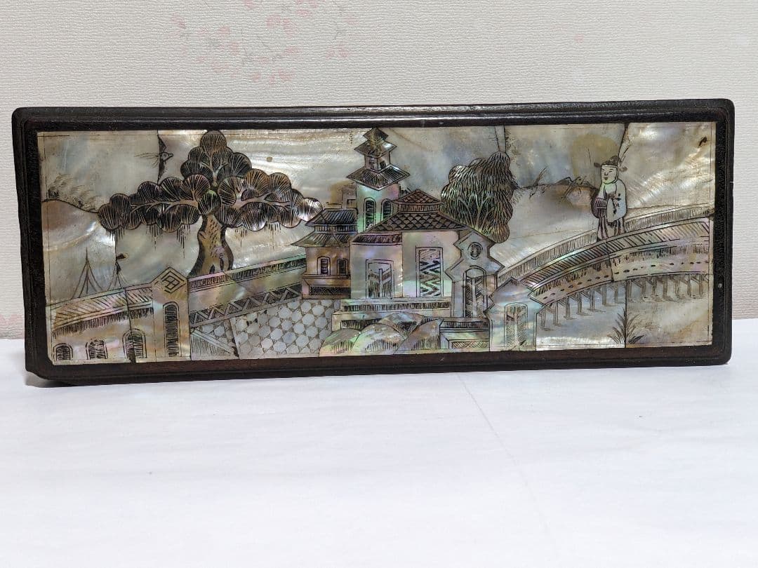 ⭐古美術品 清時代 中国 朝鮮 李朝 楼閣 橋人物図 螺鈿細工 手箱 骨董品