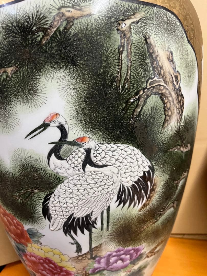 鶴と花の陶器花瓶 アンティーク　花生　中国