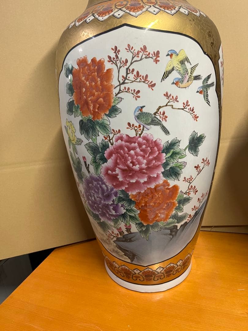 鶴と花の陶器花瓶 アンティーク　花生　中国
