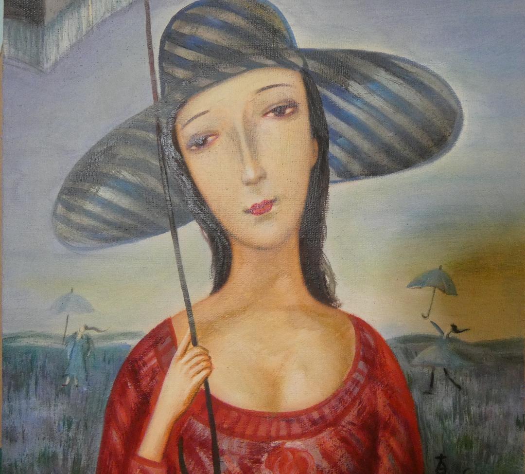 油絵　額付き　斎藤真一　 F6 【　日傘　】手描き