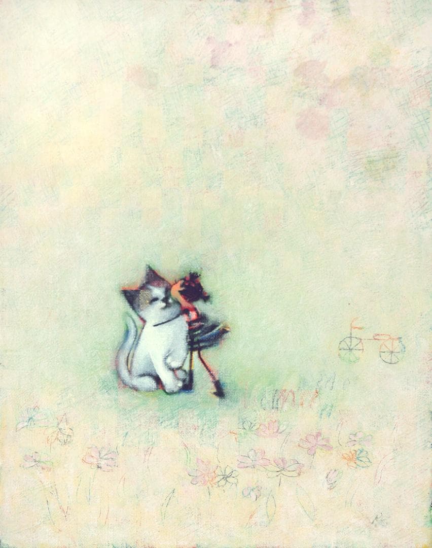油絵 菅家令子 絵 絵画 インテリア額付(白) F3-051621 子猫と女の子