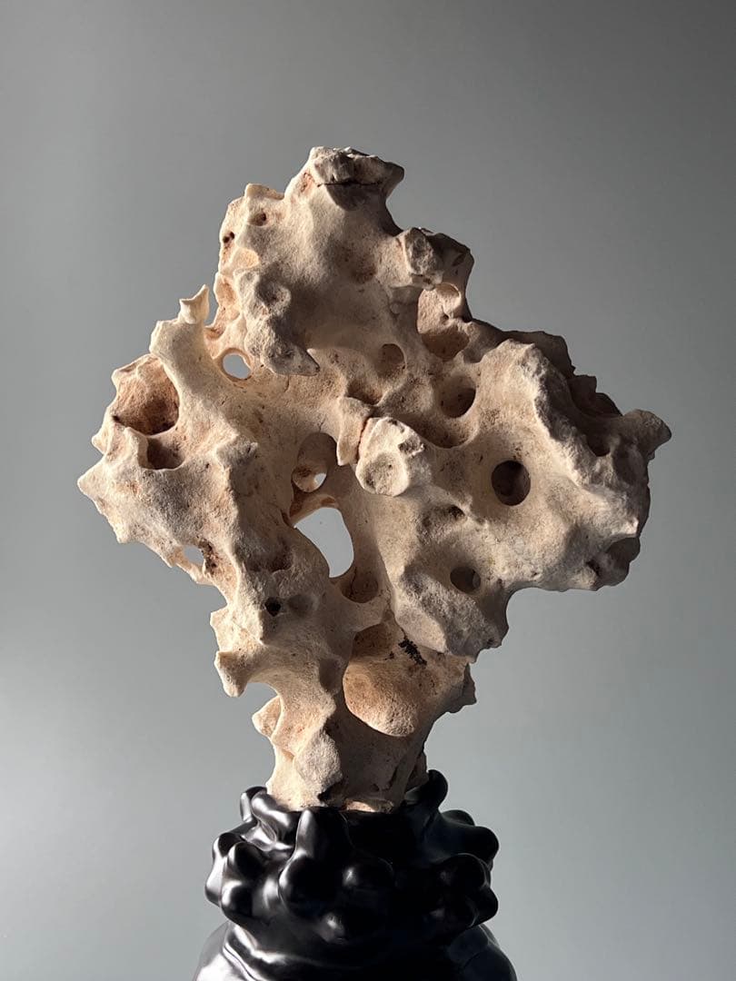 「星漢」　天然石　鑑賞石　飾り石　中国美術　置物　太湖石　台座付き　インテリア