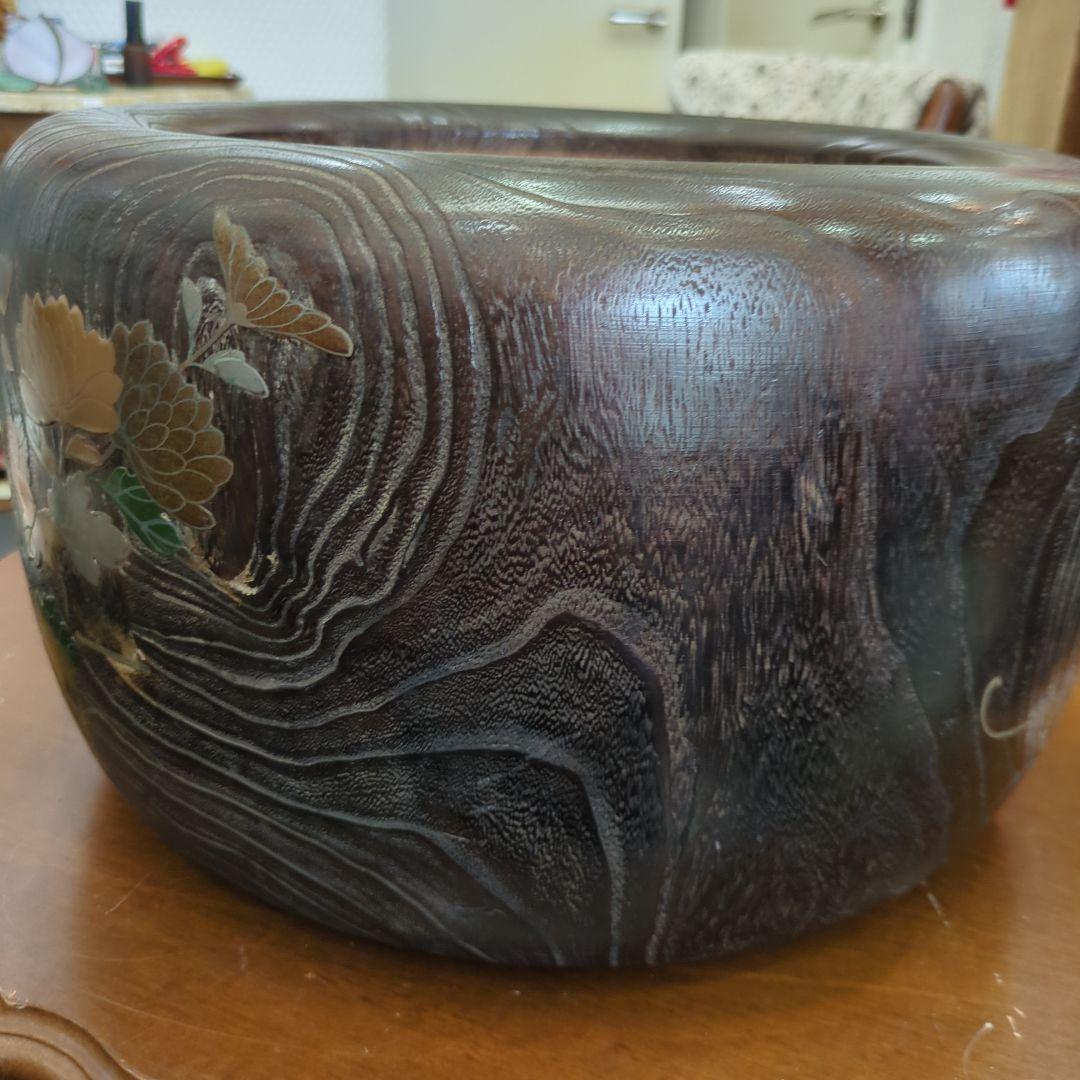 骨董　蒔絵　螺鈿　火鉢　桐　内側銅器　大型　花入　鉢カバー